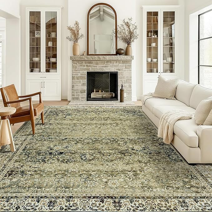 Washable 6x9 Area Rugs for Bedroom Aesthetic,Cozy Soft Faux Wool Neutral Dark Olive Green Decor Vintage Boho Rug for Living Room Bed Room Dining Room