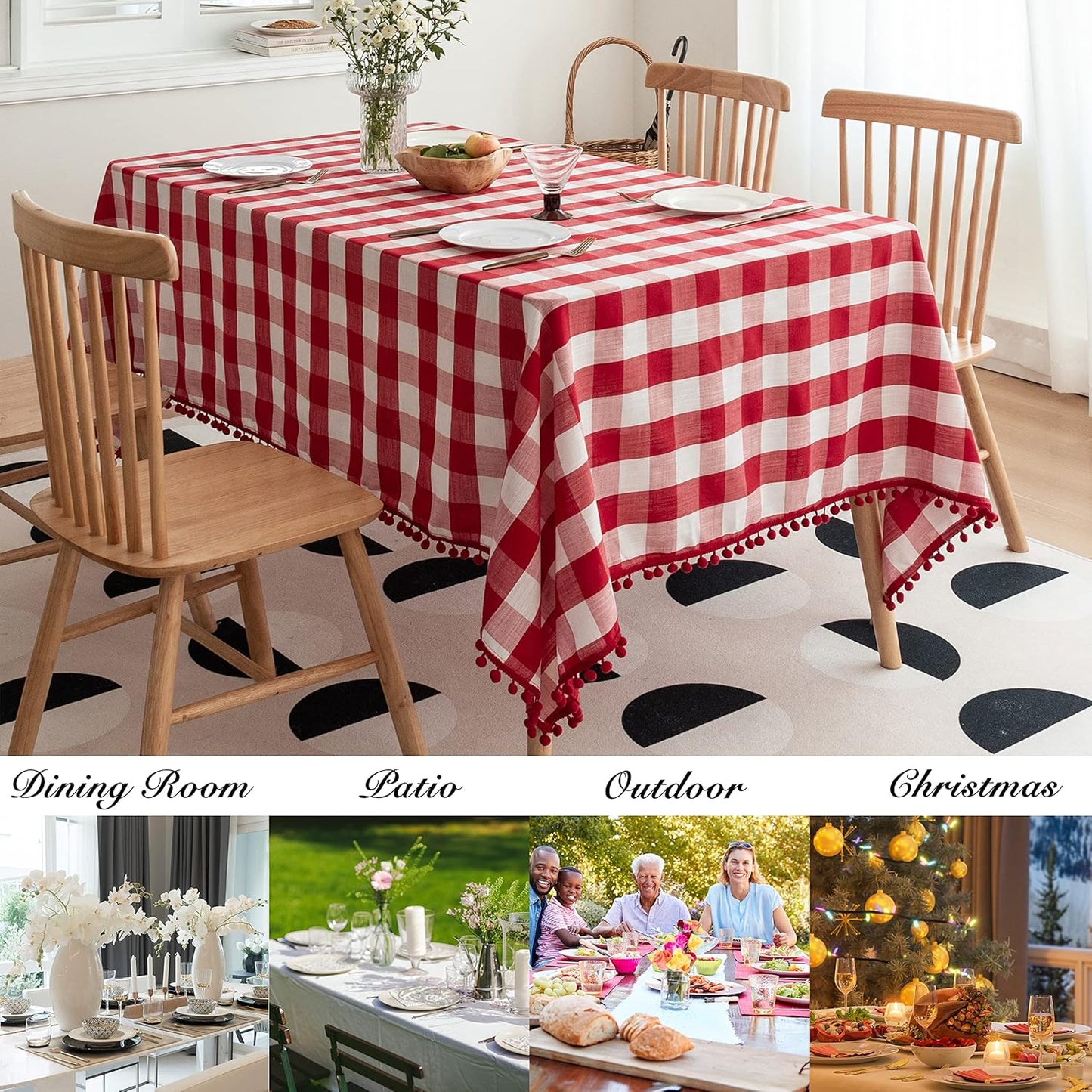 Jubilantex Buffalo Plaid Table Cloth for Rectangle Tables with Tassel Red and White Rustic Linen Textured Farmhouse Burlap Table Cover for Kitchen Dining Tabletop Decoration,60x 84 inch