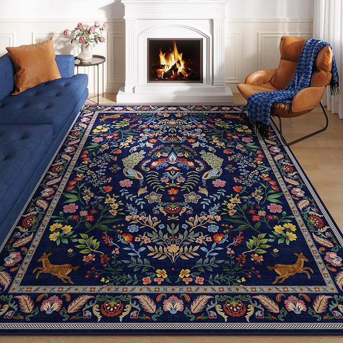 Round Rug 4ft Washable Circle Rug Floral Non Slip Low Pile Small Circular Rug for Bedroom, Bathroom, Entryway, Kids Room, Office(Blue)
