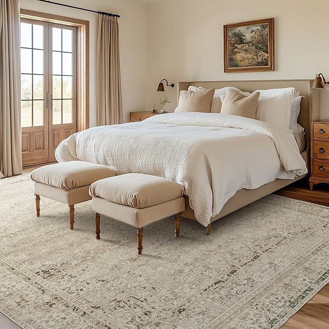 Neutral Area Rugs 8x10 for Living Room,Boho Washable Earth Tone Vintage Floral Modern Farmhouse Bedroom Dining Room Rug Under Table,Cream Beige Tan Brown