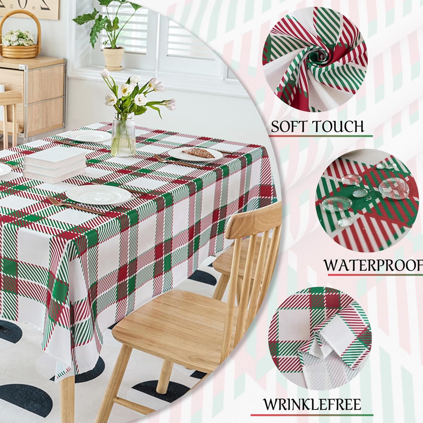 Jubilantex Square 120" inch Tablecloth Green and Red Plaid Waterproof Wrinkle-Free Washable Christmas Decoration Fabric Table Cover for Dining Outdoor Party Holiday Kitchen,60 x 120 inch