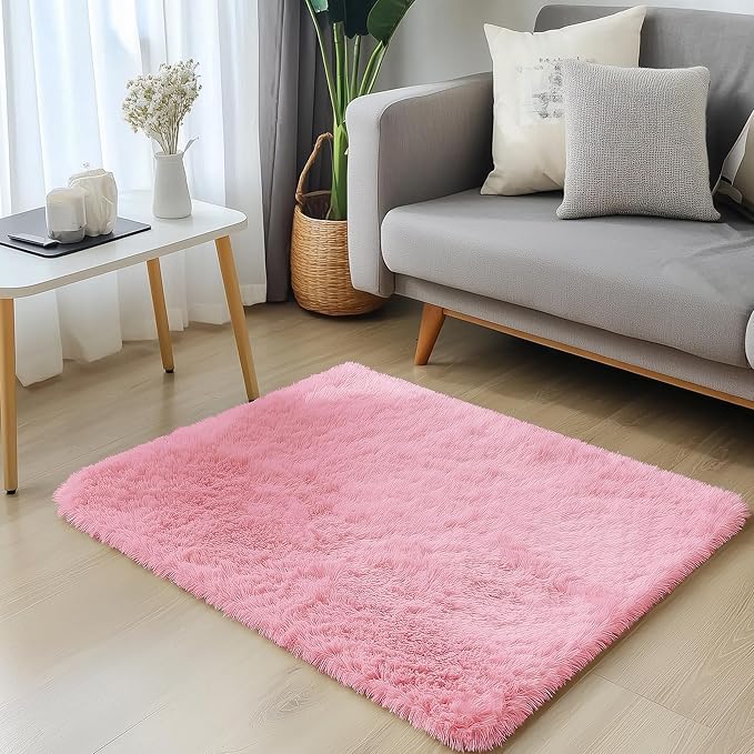 OLANLY 2x3 Machine Washable Small Bedside Rug, Soft Fluffy Shaggy Entryway Throw Rugs for Bedroom, Living Room, Indoor Floor Carpet for Kids Girls and Boys, Nursery Rooms, Home Decor Aesthetic, Pink