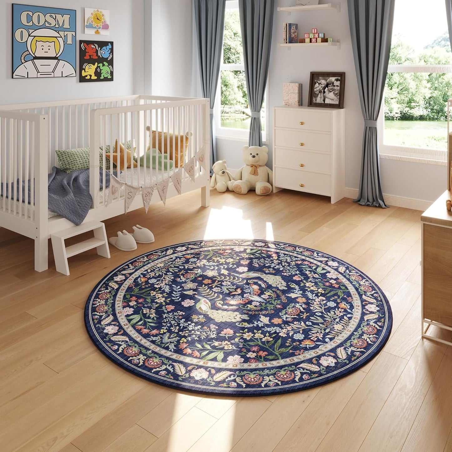 Round Rug 4ft Washable Circle Rug Floral Non Slip Low Pile Small Circular Rug for Bedroom, Bathroom, Entryway, Kids Room, Office(Blue)