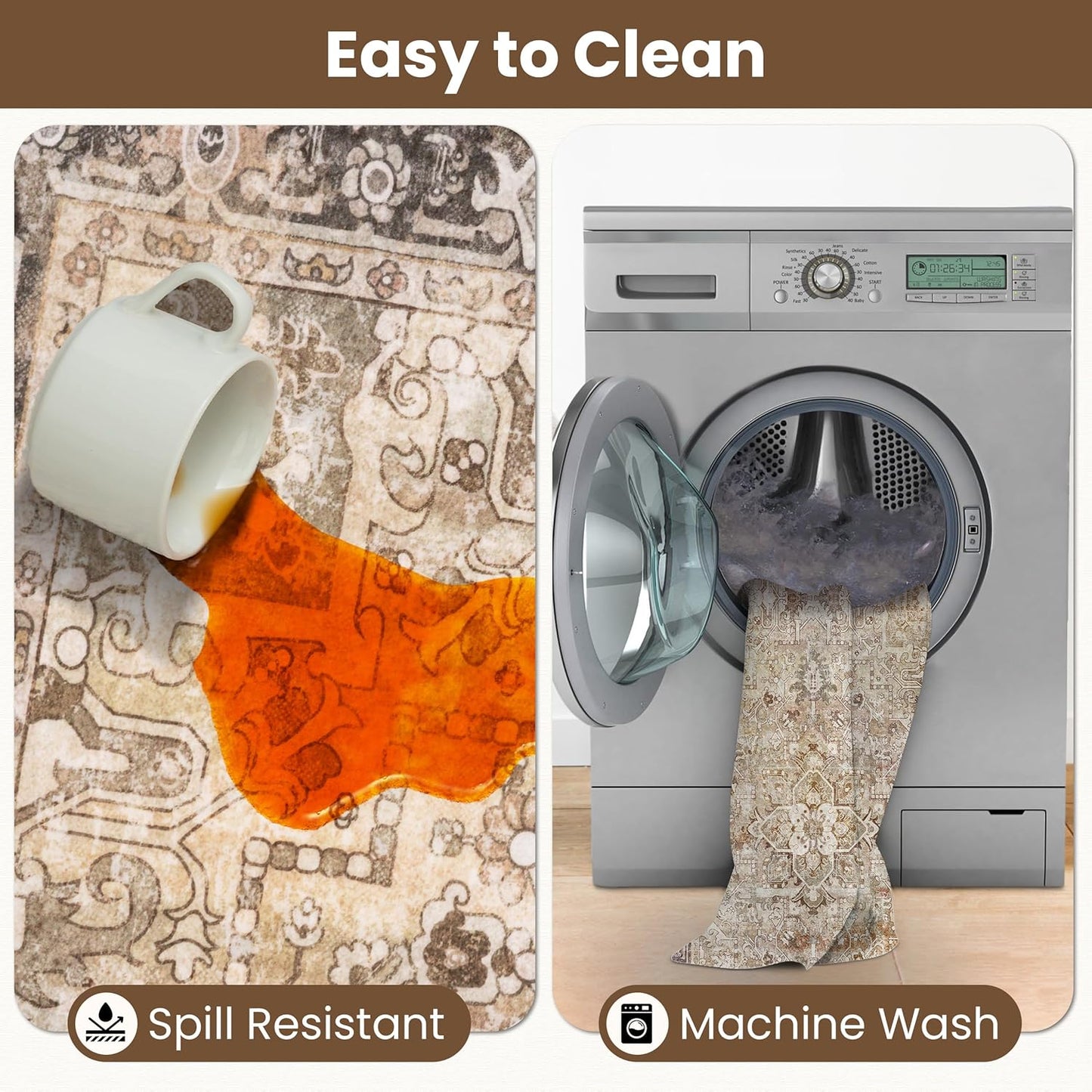 Washable Area Rug 6x9 | Non Slip Area Rug for Living Room, Bedrooms, Dining Room | Ultra-Soft Flannel Carpet Area with Rubber Backing (Olive Brown, 6x9)