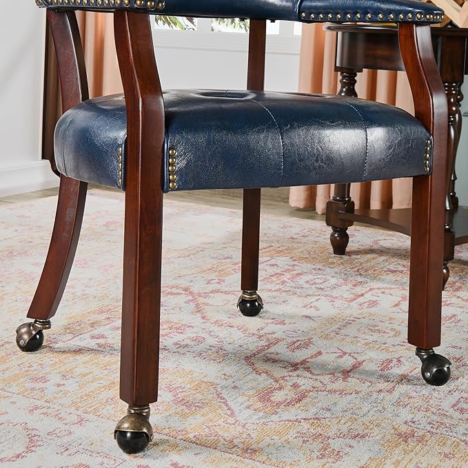 MODERION Dining Chairs with Wheels and Arm, Caster Boss Captain's Chairs with Solid Wood Leg, Office Desk Chairs with Button Upholstered, Classic Swivel Chair, 31.5”H Cherry Walnut Leg & Blue SY1533LB
