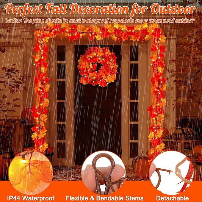 2 Pack Fall Decorations for Home, 18FT Fall Garland for Mantle, 100 Orange Bulbs Plug in Fall Garland with Lights, Connectable Maple Leaves Light for Indoor Outdoor Decorations