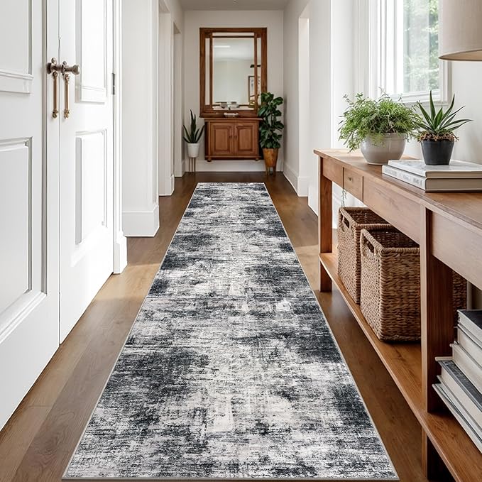 IOHOUZE Abstract Runner Rug 2x12 Ft Washable Runners for Hallways, Non Slip Kitchen Runner Printed Faux Wool Entryway Runner Indoor, Modern Abstract Floor Carpet for Hall Kitchen, Black Gey