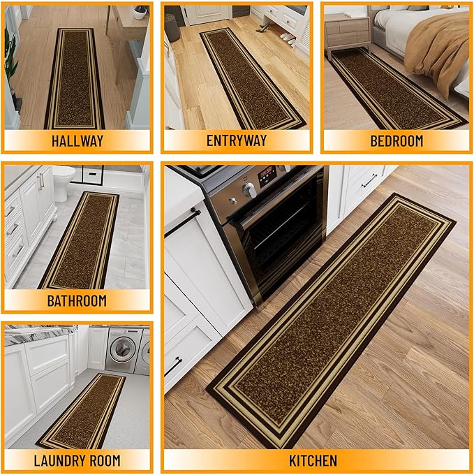 Ottomanson Hallway Runner Rug 1'10" x 7' Non Slip Border Area Rugs Easy to Clean Laundry Rug Runner Durable & Pet Friendly Floor Carpet Runners for Hallways Entryway Living Room Kitchen, Brown