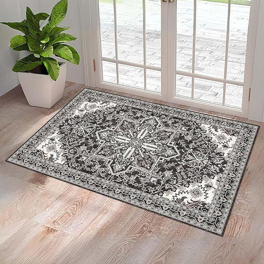 Washable Entryway Rug 3x5 | Non Slip Rug Runners for Hallways, Entryways, Kitchens, Bathrooms, Bedrooms | Ultra-Soft Flannel Carpet Kitchen Rug with Rubber Backing (Charcoal, 3x5)