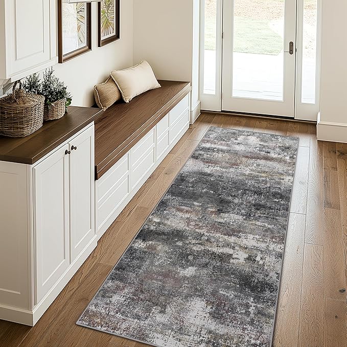 Runner Rug for Hallway Kitchen 2x8 Machine Washable Runners Rug for Entryway, Dark Gray Soft Modern Abstract Throw Rugs, Floor Carpet with Non Slip Rubber Backing