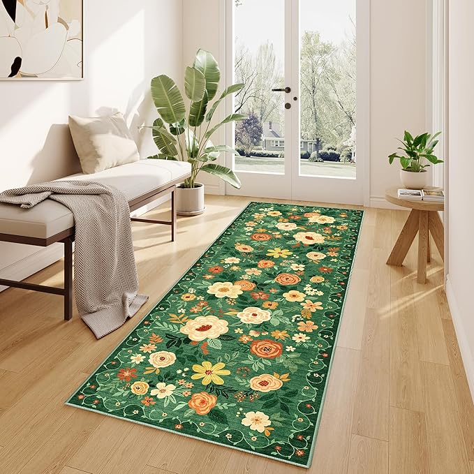 DUKINO Runner Rug, 2.6x8 Kitchen Rug for Hallway with Non Slip Backing, Washable Low Pile Soft Boho Floral Runner Carpet for Hallway, Kitchen, Entryway, Laundry, Bedroom, Dark Green