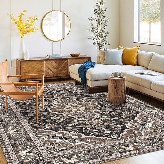Washable Area Rug 5x8 | Non Slip Area Rug for Living Room, Bedrooms, Dining Room | Ultra-Soft Flannel Carpet Area with Rubber Backing (Black Brown, 5x8)