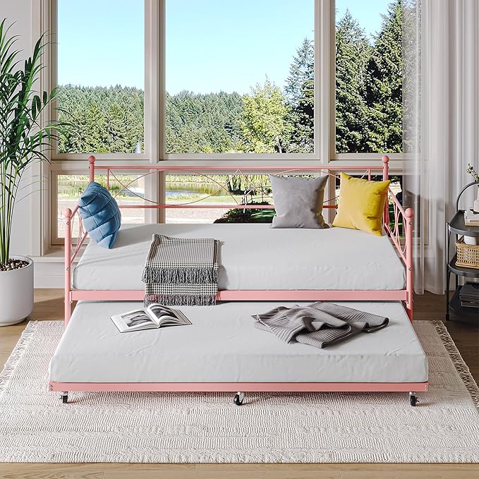 IDEALHOUSE Twin daybed with Trundle, Metal Twin Daybed and Trundle Set, Day Bed Sofa Bed Frame with Steel Slat Support, Multifunctional Daybed Frame for Bedroom (Modern - Pink)