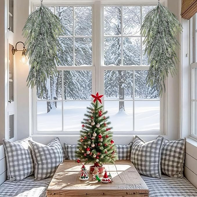 2 Pcs Artificial Christmas Snow Teardrop Swag, 28" Faux Glitter Snow Flocked Norfolk Pine Teardrop Door Swag, White Frosted Real Touch Pine Wreath Staircase Swags for Xmas Door Mantle Fireplace Decor