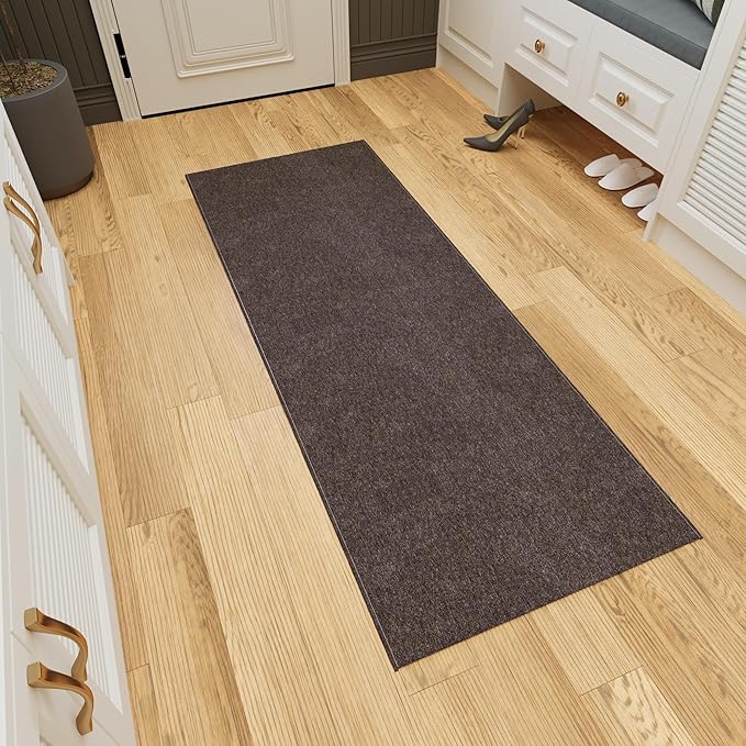 Ottomanson 2'7" x 8' Ultra-Thin Hallway Runner Rug - Durable Non-Slip Carpet for High-Traffic Areas - Fits Under Doors for Seamless Entry - Ideal for Kitchen, Entryway, Bedroom & Living Room, Brown