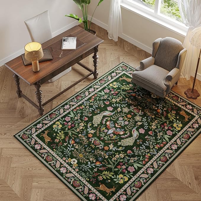 3x5 Rug Washable Area Rug Floral Office Rug Non Slip Small Carpet for Bedroom, Bedside, Kitchen, Entryway, Kids Room, Office (Emerald Green)