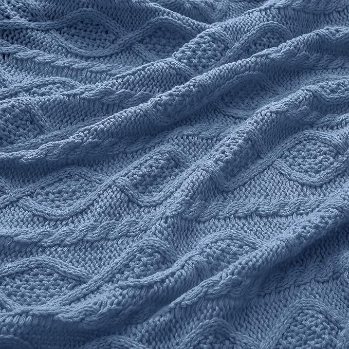 Homiest Dusty Blue Cable Knit Throw, 60 x 80 Inch, Lightweight Acrylic Knitted Blanket with Diamond Texture, Soft & Cozy for Couch, Bed, Sofa