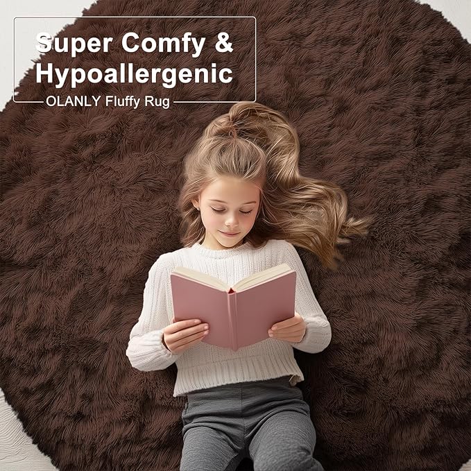 OLANLY Coffee Round Rugs for Bedroom - Machine Washable, 8 ft Circle Area Rugs for Living Room, Soft and Fluffy Shaggy Carpet for Teen Girls and Boys, Nursery Rooms, Dorms, Home Decor Aesthetic