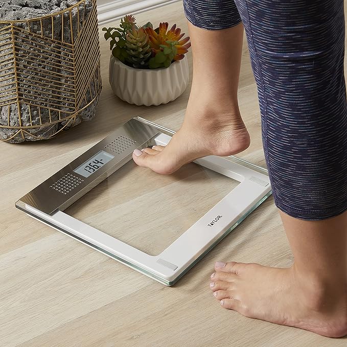 Taylor Digital Bathroom Talking Scale, 5 Languages, Scales Body Weight, White Scale Clear Glass Stainless Steel Accents, 440LB Capacity, Clear Stainless Steel Accents (5294756)