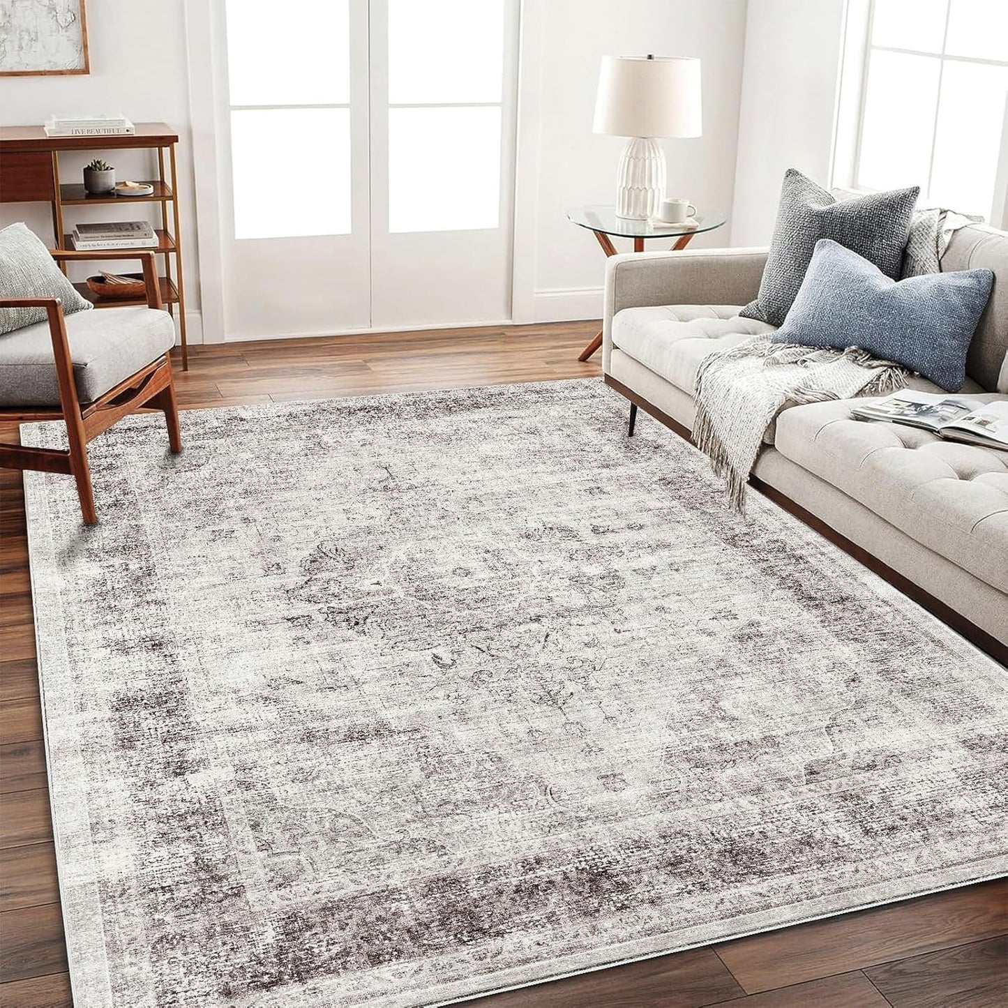 Area Rug 6'x9' Washable Floral red Vintage Traditional Floor Cover Thin Retro Kitchen Indoor Distressed Non Slip Carpet for Living Room Bedroom Dining Room