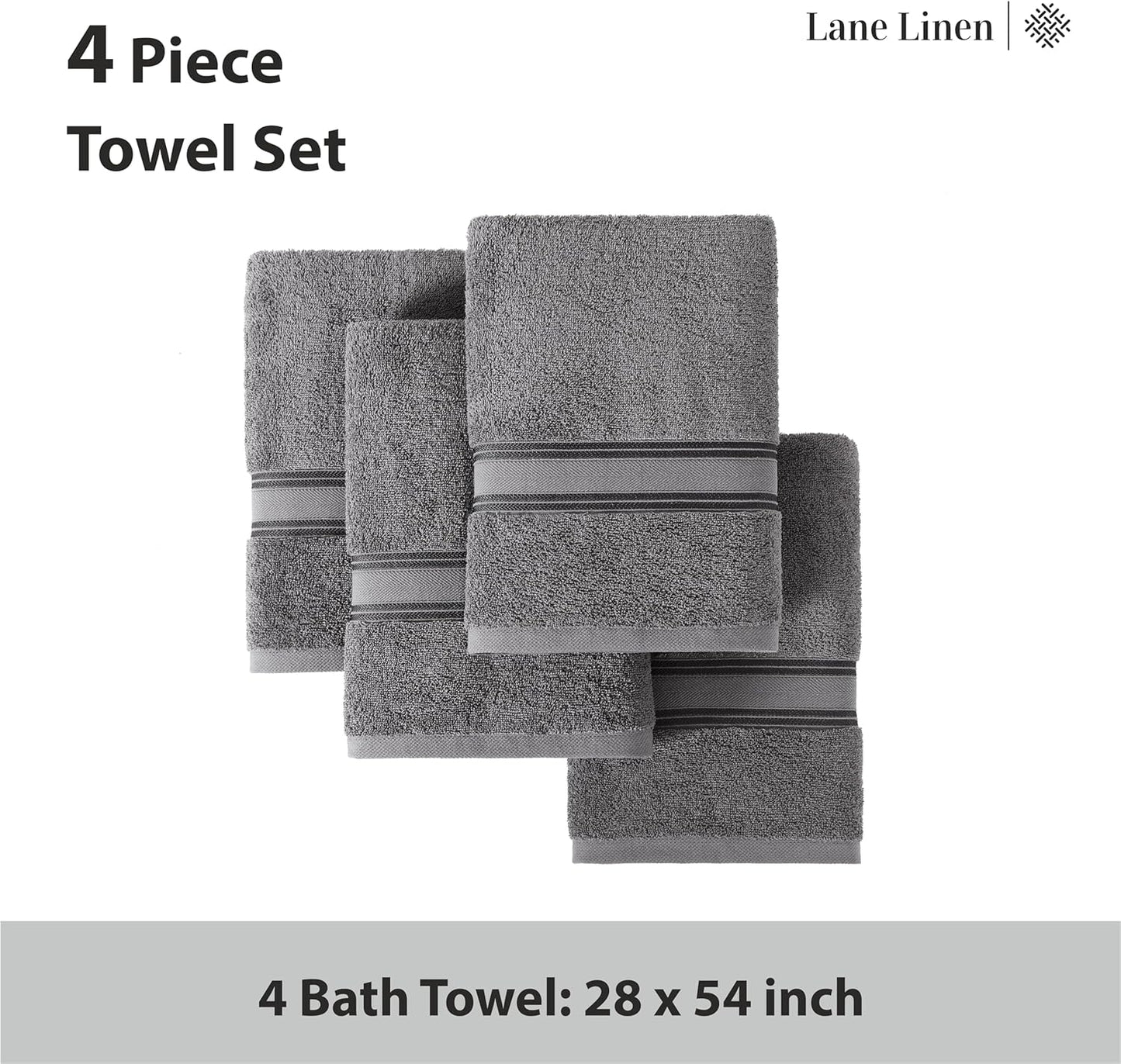 LANE LINEN 100% Cotton 4 Pack Bath Towels Set (28"x54") - Zero Twist, Large Cotton Towels for Bathroom - Quick Dry, Soft & Absorbent Bath Towel Set - Remains Soft After Multiple Washes - Cool Grey