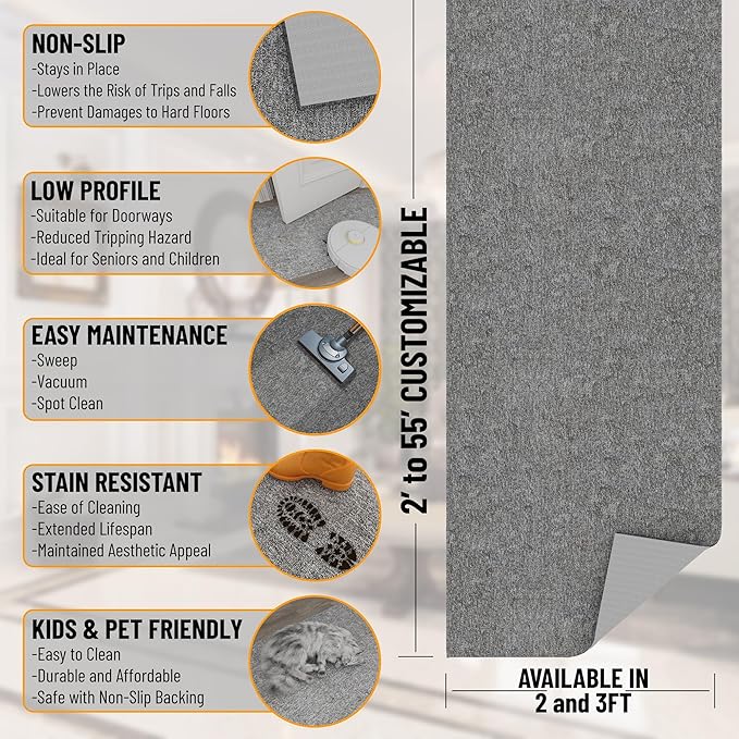 Ottomanson 2'7" x 6' Ultra-Thin Hallway Runner Rug - Durable Non-Slip Carpet for High-Traffic Areas - Fits Under Doors for Seamless Entry - Ideal for Kitchen, Entryway, Bedroom & Living Room, Gray