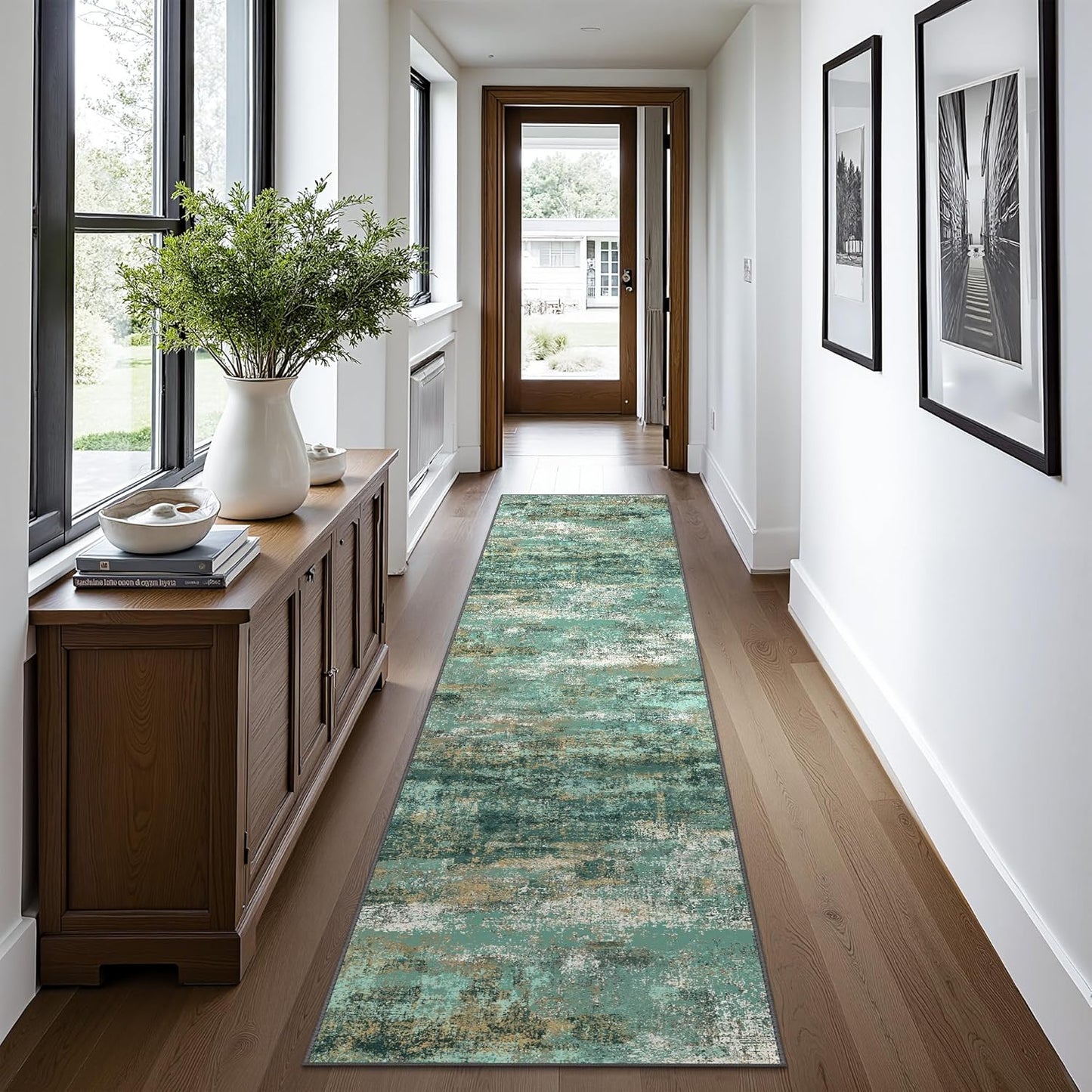 Runner Rug for Hallway Kitchen, 2x12 Machine Washable Runners Rug for Entryway, Soft Modern Abstract Throw Rugs, Low Pile Floor Cover with Non Slip Backing, Turquoise
