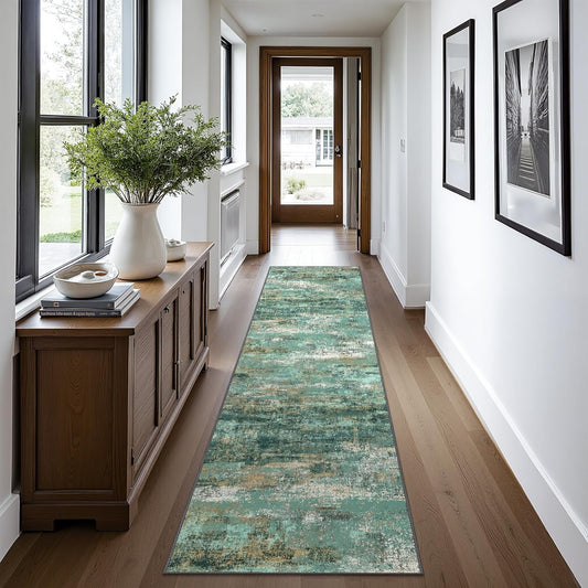 Runner Rug for Hallway Kitchen, 2x10 Machine Washable Runners Rug for Entryway, Soft Modern Abstract Throw Rugs, Low Pile Floor Cover with Non Slip Backing, Turquoise