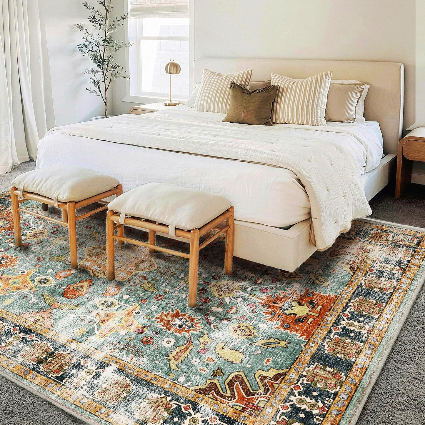 Area Rug 8'x10' Washable Rug Vintage Traditional Mat Distressed Indoor Foldable Thin Retro Accent Floral Print Non Slip Carpet for Living Room Dining Room Office