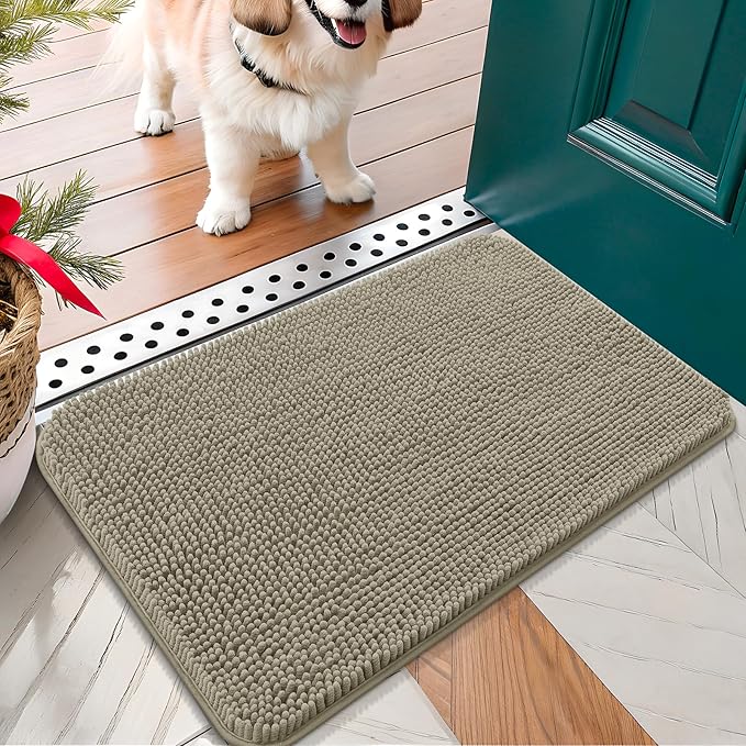 OLANLY Dog Door Mat for Muddy Paws 24x16, Absorbs Moisture and Dirt, Absorbent Non-Slip Washable Doormat, Quick Dry Chenille Mud Mat, Entry Indoor Entryway Carpet for Inside Floor, Warm Taupe