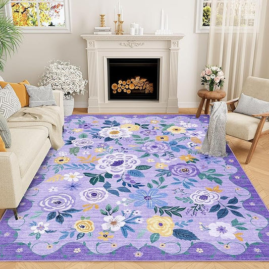 DUKINO 5x7 Area Rug, Floral Rugs for Living Room, Lightweight Non Slip Washable Rug, Indoor Low Pile & Non-Shedding Boho Design Rugs for Bedroom, Playroom, Dining Room, Purple