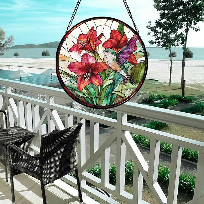 Stained Glass Window Hanging - Hummingbird On Red Lily Flower Sun Catcher for Door Garden Decor Suncatcher Christmas Mother's Day Birthday Gifts for Bird Lovers Women Men Mom Nana 7.8 in