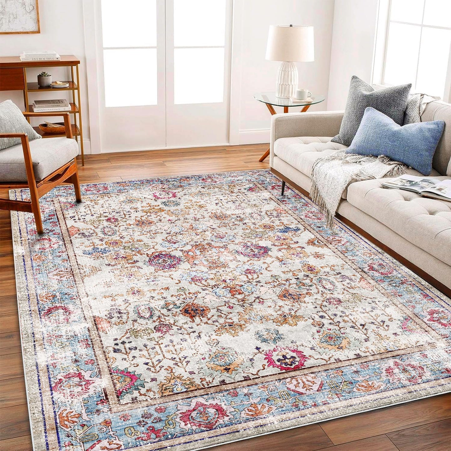 Washable 10'x14' Area Rug Vintage Traditional Distressed Indoor Foldable Thin Retro Accent Floral Non Slip Carpet Living Room Dining Room Office