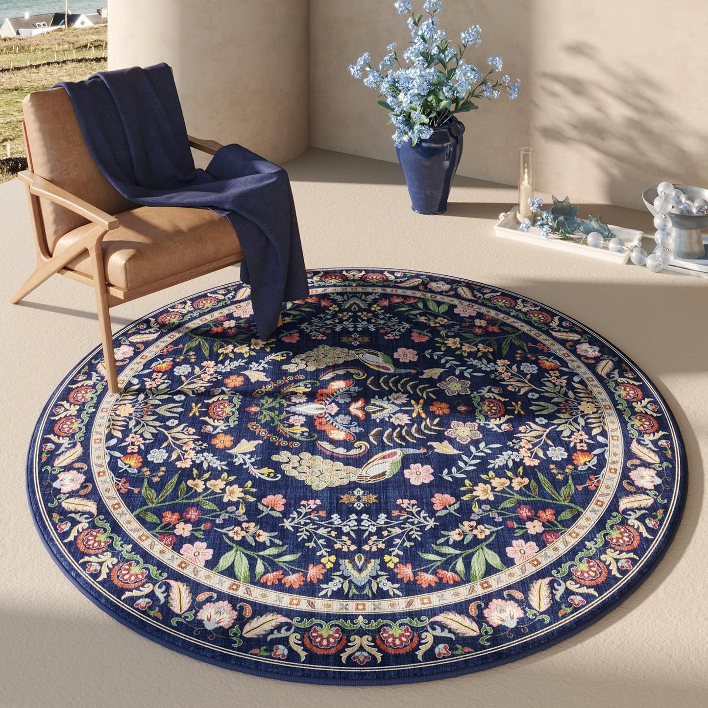 Round Rug 4ft Washable Circle Rug Floral Non Slip Low Pile Small Circular Rug for Bedroom, Bathroom, Entryway, Kids Room, Office(Blue)