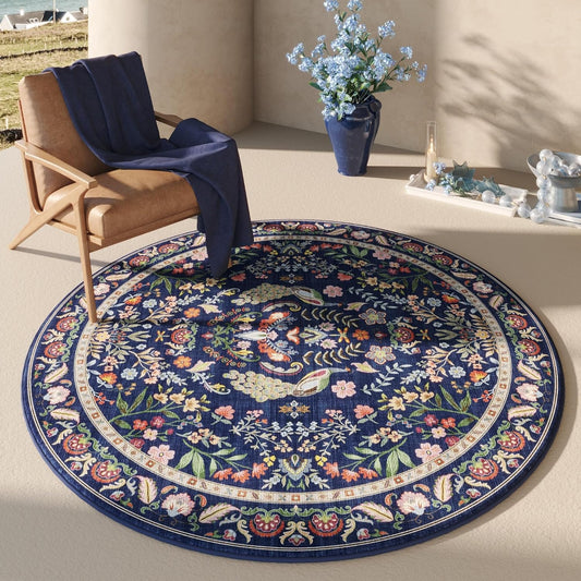 Round Rug 4ft Washable Circle Rug Floral Non Slip Low Pile Small Circular Rug for Bedroom, Bathroom, Entryway, Kids Room, Office(Blue)