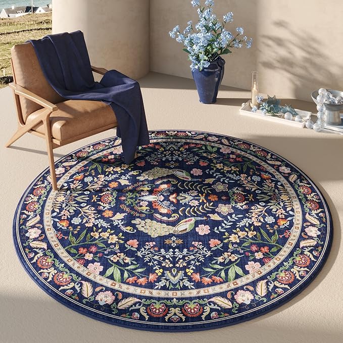 Round Rug 4ft Washable Circle Rug Floral Non Slip Low Pile Small Circular Rug for Bedroom, Bathroom, Entryway, Kids Room, Office(Blue)