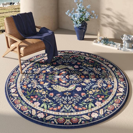Round Rug 4ft Washable Circle Rug Floral Non Slip Low Pile Small Circular Rug for Bedroom, Bathroom, Entryway, Kids Room, Office(Blue)