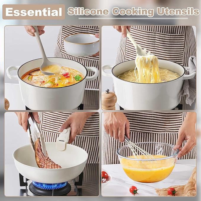 LIANYU Kitchen Utensils Set with Holder, 14 Pcs Silicone Cooking Utensils Spatula Set, Heat Resistant Cookware Tools Includes Spoon Turner Whisk Tong, Dishwasher safe, Khaki White