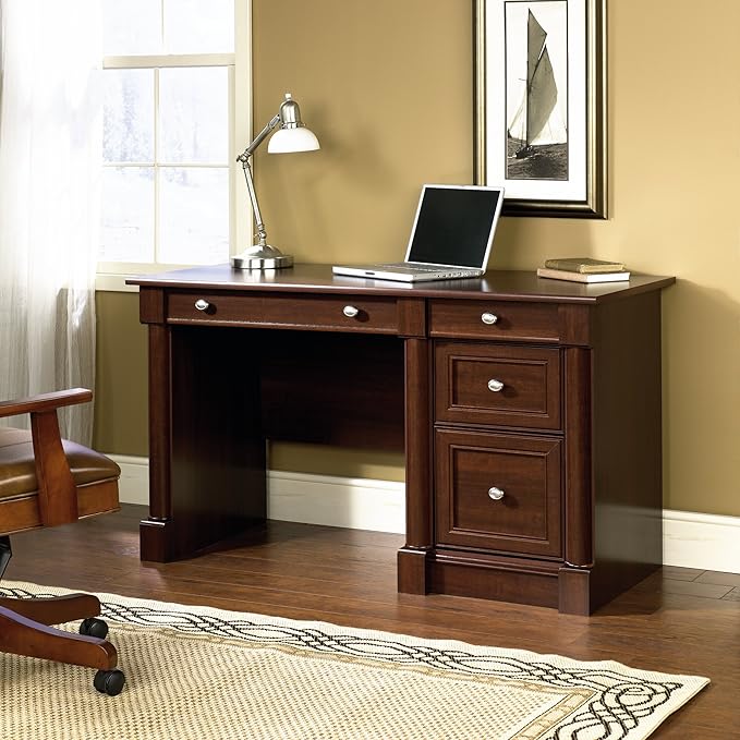 Sauder Palladia Computer Desk with Drawers, Home Office Desk with File Cabinet Storage Drawer, Cable Management, Keyboard Tray, in Select Cherry Finish
