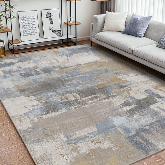 Area Rugs 8x10 for Living Room Bedroom, Modern Abstract Machine Washable Large Soft Greyish Blue Rug, Low Pile Floor Carpet with Non Slip Backing for Dining Room, Coastal Dusk