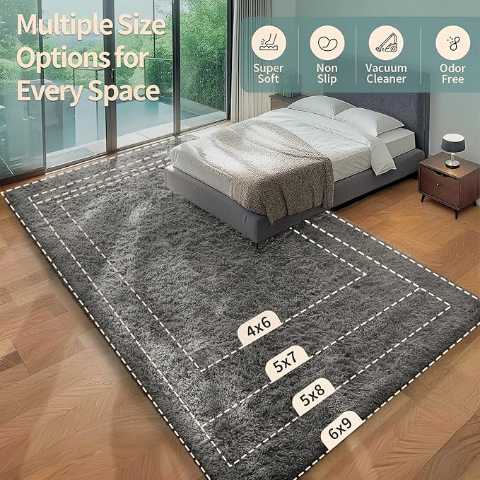 Ophanie Area Rugs for Living Room Bedroom, Upgrade Non-Slip Fluffy Soft Grey Shag Carpet, Indoor Floor Gray 4x6 Fuzzy Shaggy Living Room Plush Rug for Kids Home Dorm Decor Aesthetic