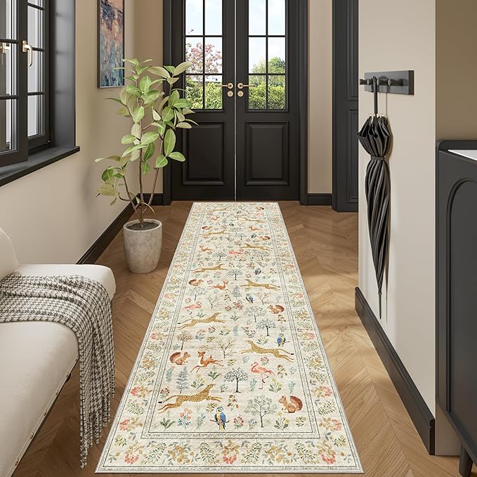 DUKINO 2x10 Rug for Hallway, Washable Kitchen Runner Rug with Non Slip Backing, Soft Low Pile Vintage Animal Runner for Bedroom, Kitchen, Hallway, Entryway, Laundry, White