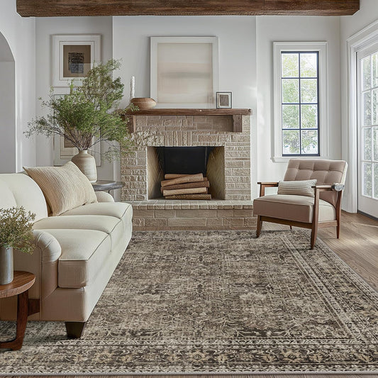 Area Rugs 9x12 for Living Room Bedroom, Vintage Machine Washable Stain Resistant Rug, Large Soft Low Pile Sage Charcoal Foor Mat with Non Slip Backing for Dining Room