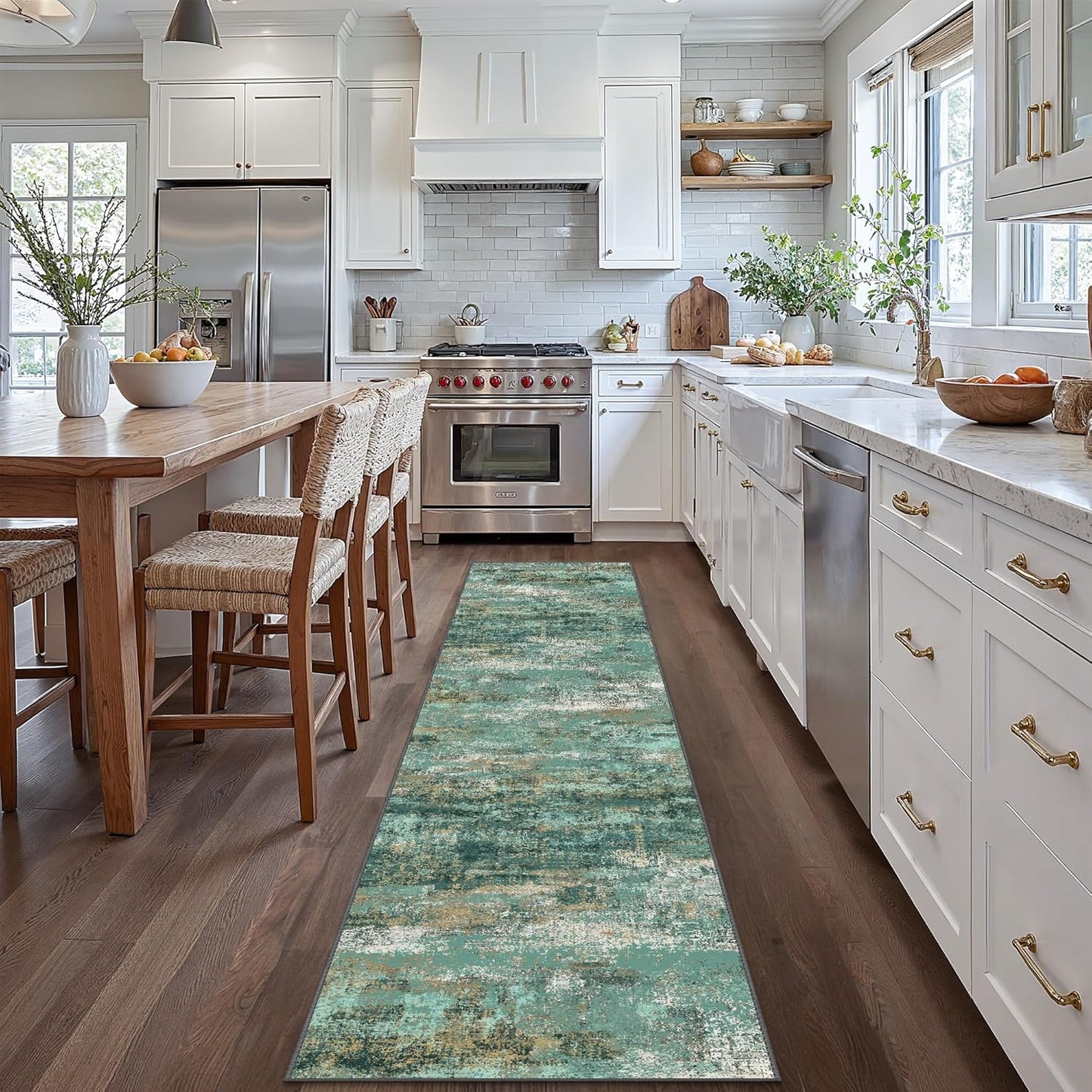 Runner Rug for Hallway Kitchen, 2x10 Machine Washable Runners Rug for Entryway, Soft Modern Abstract Throw Rugs, Low Pile Floor Cover with Non Slip Backing, Turquoise