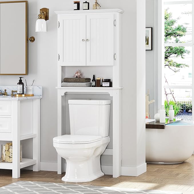 UTEX Over The Toilet Storage Cabinet, Over Toilet Bathroom Organizer with Adjustable Shelves and Double Doors, White