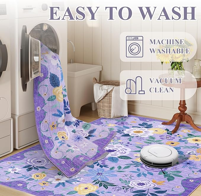 DUKINO 5x7 Area Rug, Floral Rugs for Living Room, Lightweight Non Slip Washable Rug, Indoor Low Pile & Non-Shedding Boho Design Rugs for Bedroom, Playroom, Dining Room, Purple