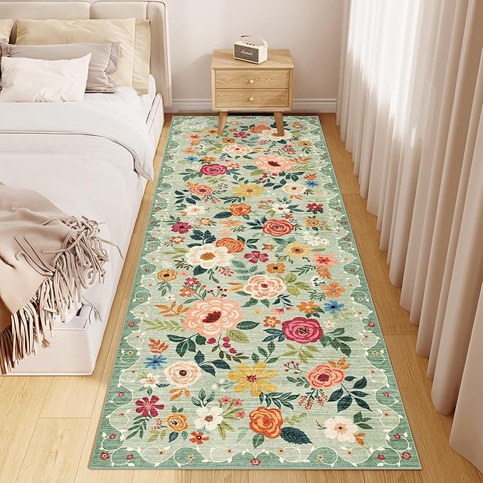 DUKINO 2x10 Kitchen Runner Rug for Hallway, Washable Runner Rug with Non Slip Backing, Low Pile Soft Boho Floral Carpet for Kitchen, Hallway, Entryway, Laundry, Bedroom, Green