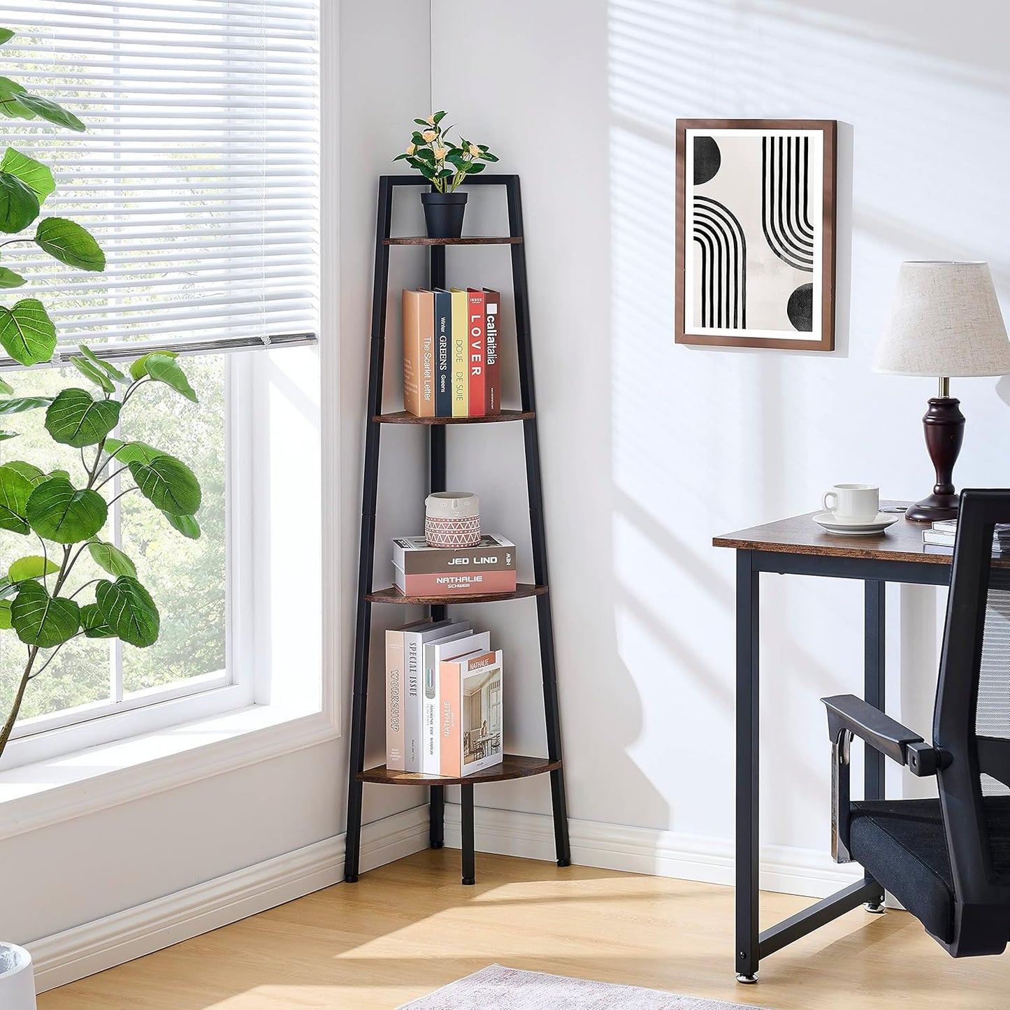 Hoctieon Corner Shelf, 4-Tier Corner Bookshelf, Rustic Ladder Shelf, Industrial Display Stand for Living Room, Kitchen, Home Office, Balcony, Small Space, Metal Frame, Rustic Brown