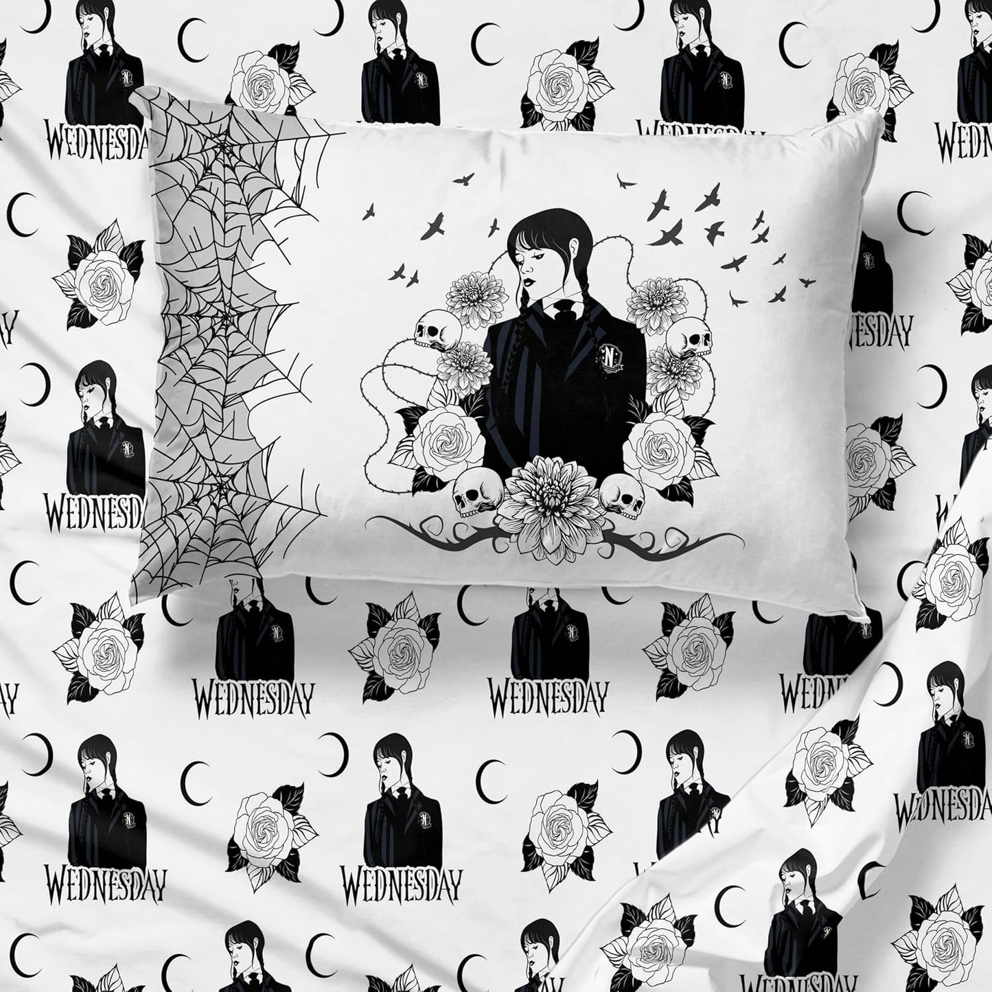 Jay Franco Sheet Set with Fitted, Flat Sheets & Pillow Cover - Ultra-Soft Bedding with Pillowcase for Room Decor, White - Wednesday, 4 Piece King