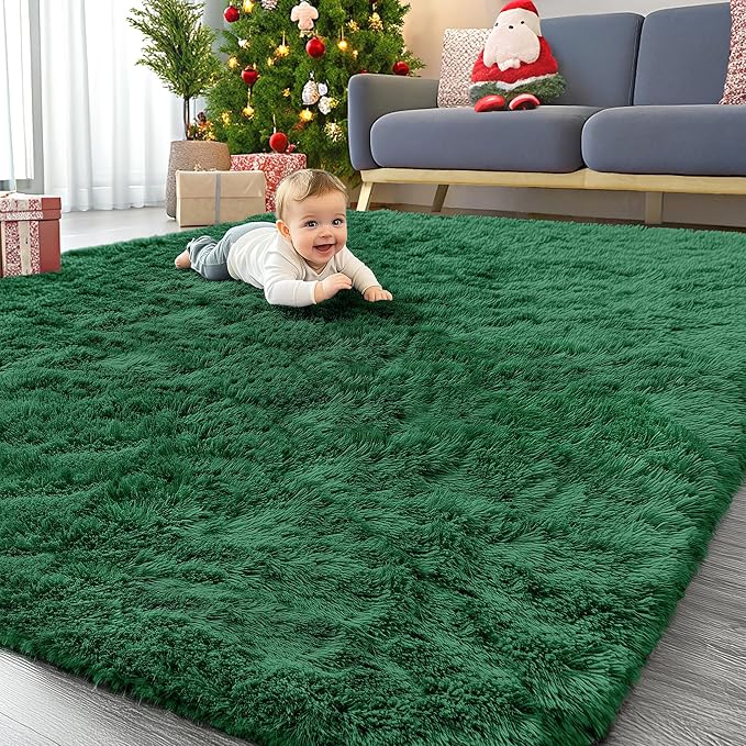 OLANLY 6x9 Machine Washable Large Area Rugs for Living Room, Bedroom, Soft Fluffy Shaggy Bedside Rug, Indoor Floor Carpet for Kids Girls and Boys, Dorms, Nursery, Home Decor Aesthetic, Dark Green